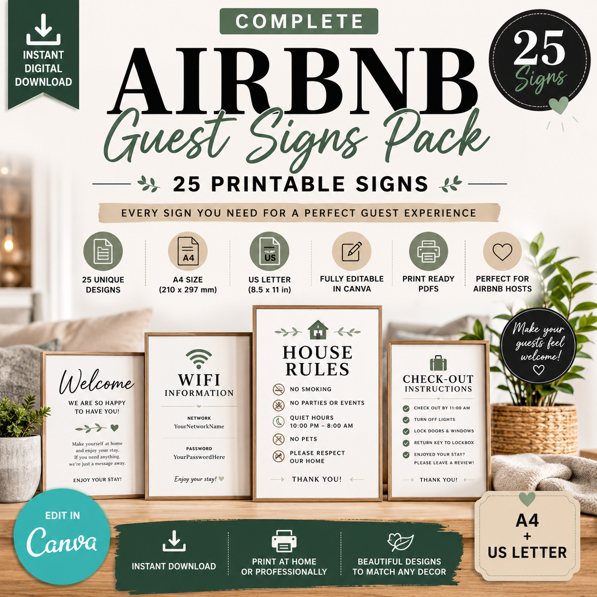 Airbnb Guest Signs Pack – 25 Printable Vacation Rental Signs