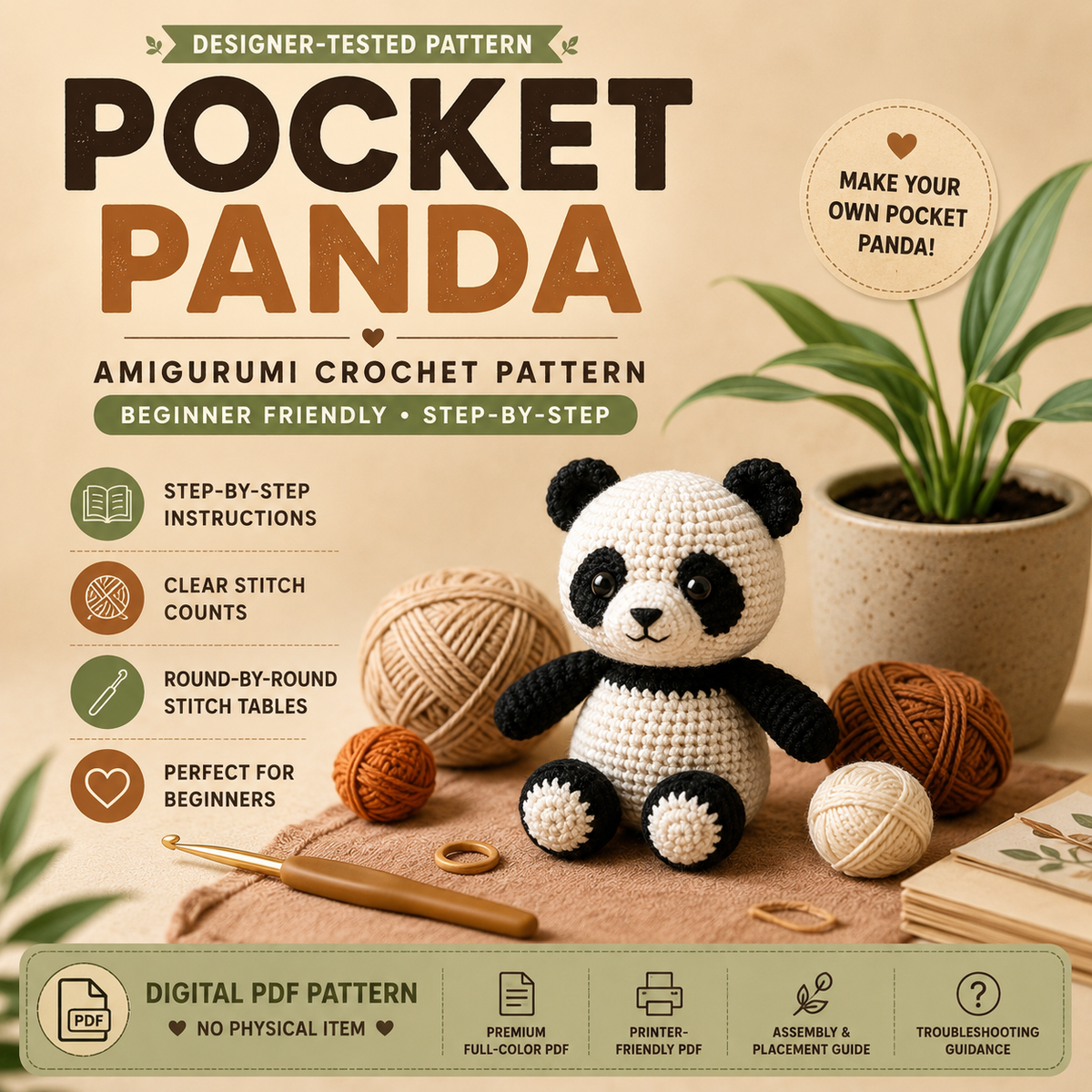 Pocket Panda Amigurumi Crochet Pattern – Cute Panda PDF Pattern