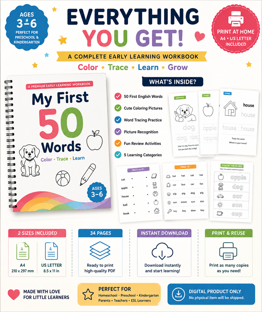 My First 50 Words Workbook – Color, Trace & Learn | Ages 3–6