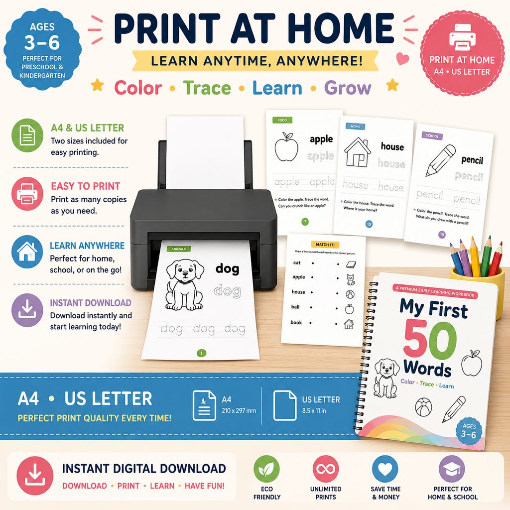My First 50 Words Workbook – Color, Trace & Learn | Ages 3–6
