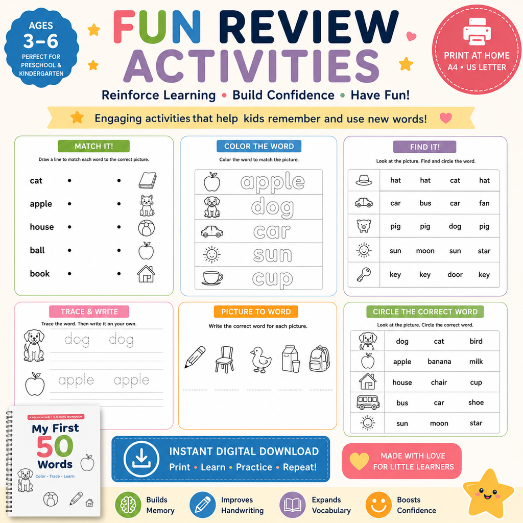 My First 50 Words Workbook – Color, Trace & Learn | Ages 3–6