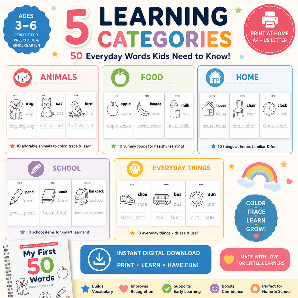 My First 50 Words Workbook – Color, Trace & Learn | Ages 3–6