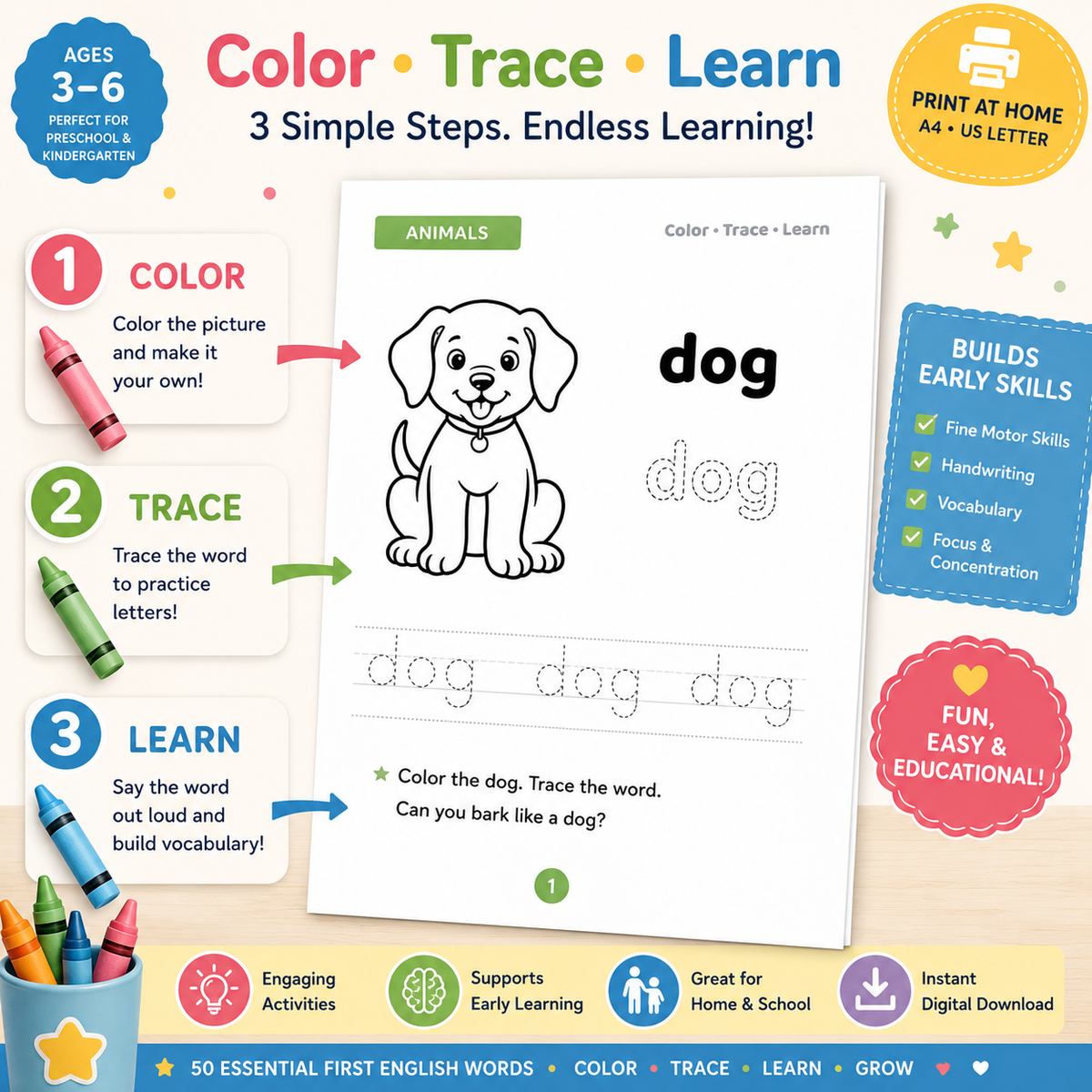 My First 50 Words Workbook – Color, Trace & Learn | Ages 3–6