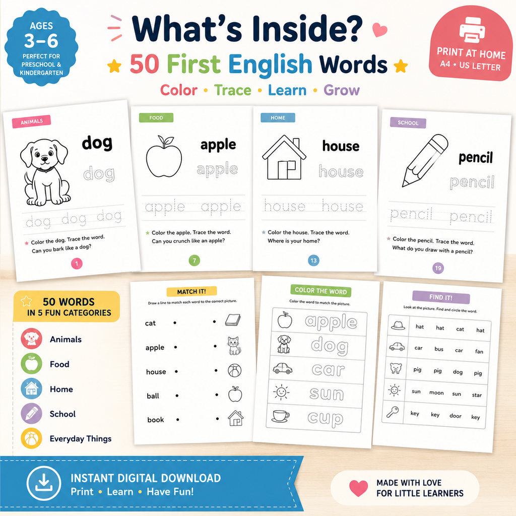 My First 50 Words Workbook – Color, Trace & Learn | Ages 3–6