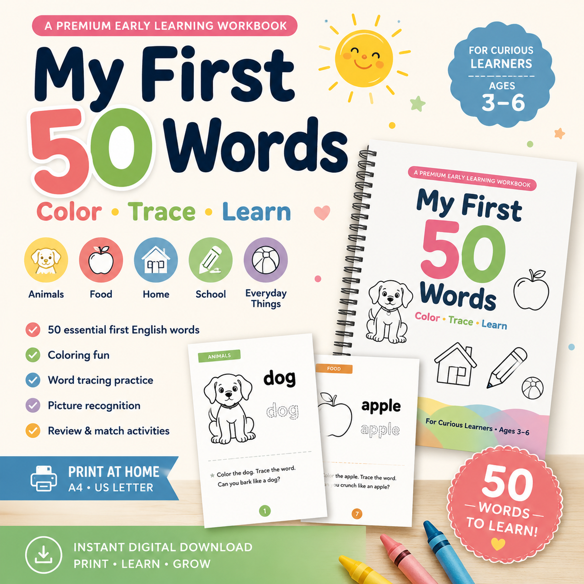 My First 50 Words Workbook – Color, Trace & Learn | Ages 3–6