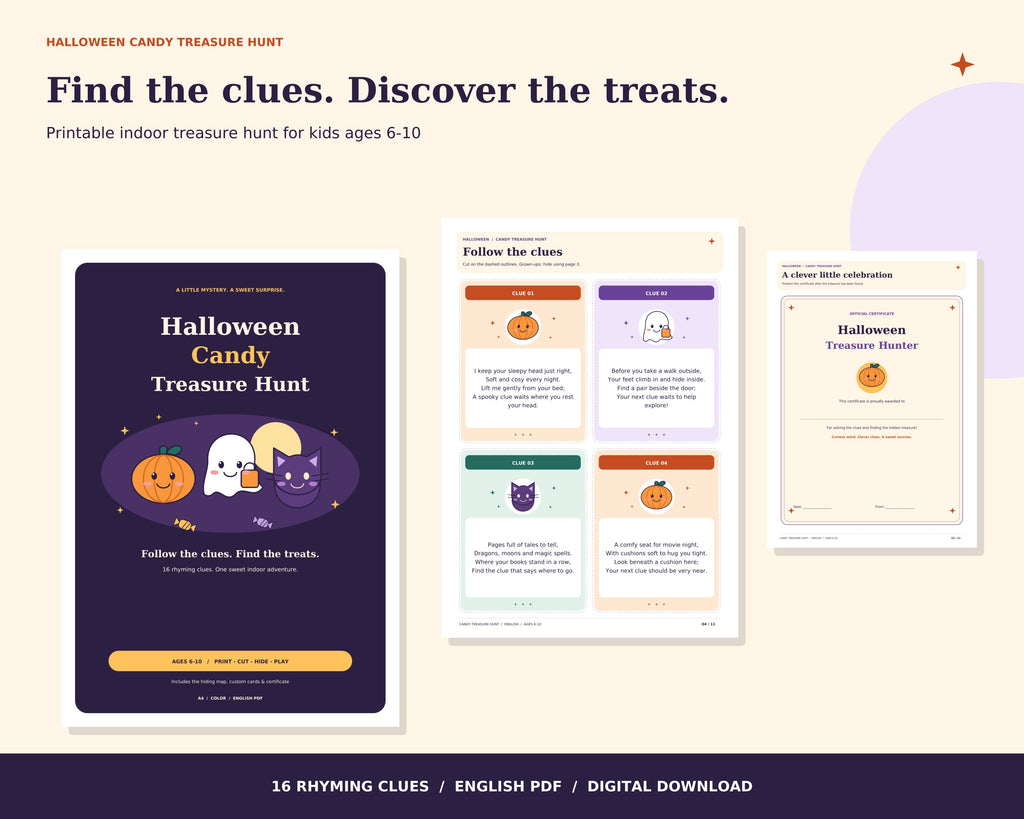 Halloween treasure hunt printable cover, clue cards and certificate