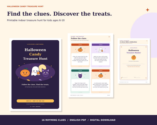 Halloween treasure hunt printable cover, clue cards and certificate