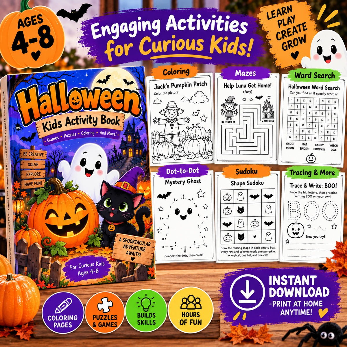 Halloween activity book activities including coloring mazes word search dot-to-dot and sudoku