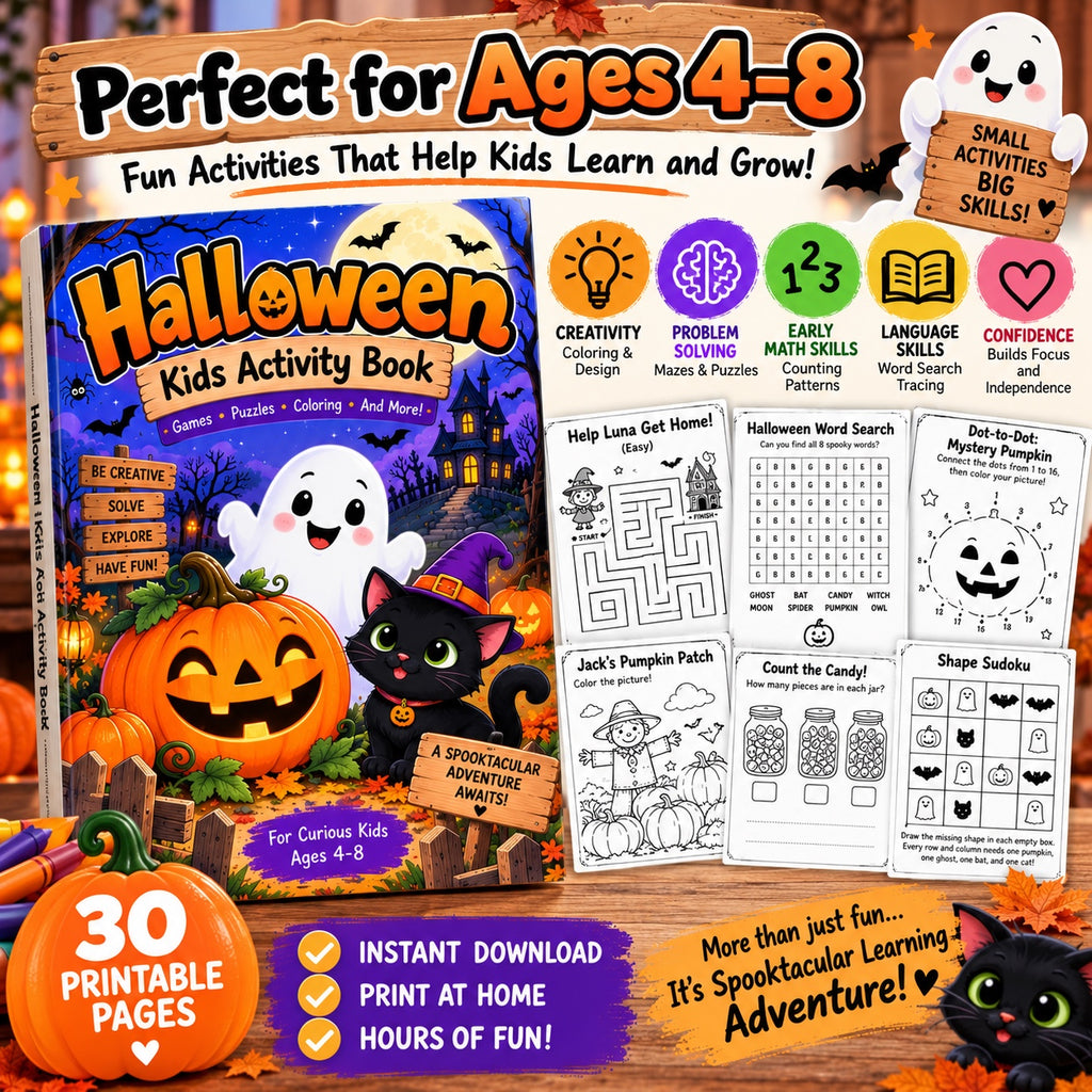 Halloween Kids Activity Book for ages 4 to 8 with 30 printable pages