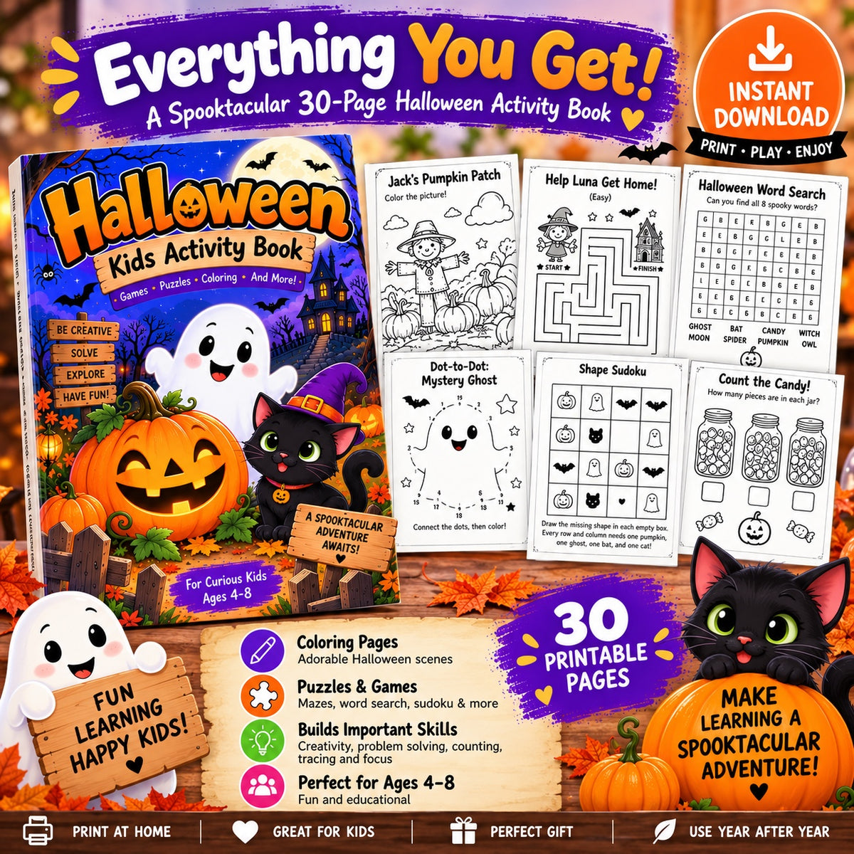 Halloween Kids Activity Book everything you get 30 printable pages coloring puzzles and games