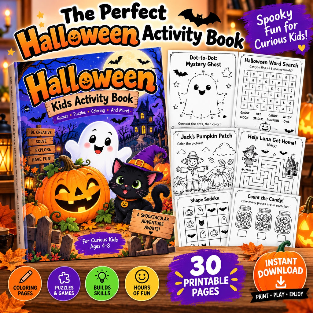Halloween Kids Activity Book printable pages for ages 4-8