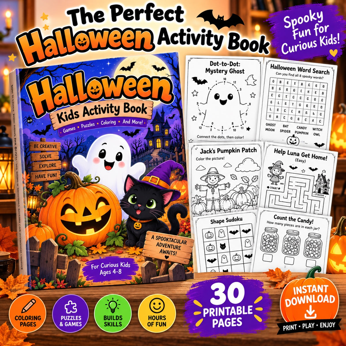Halloween Kids Activity Book printable pages for ages 4-8