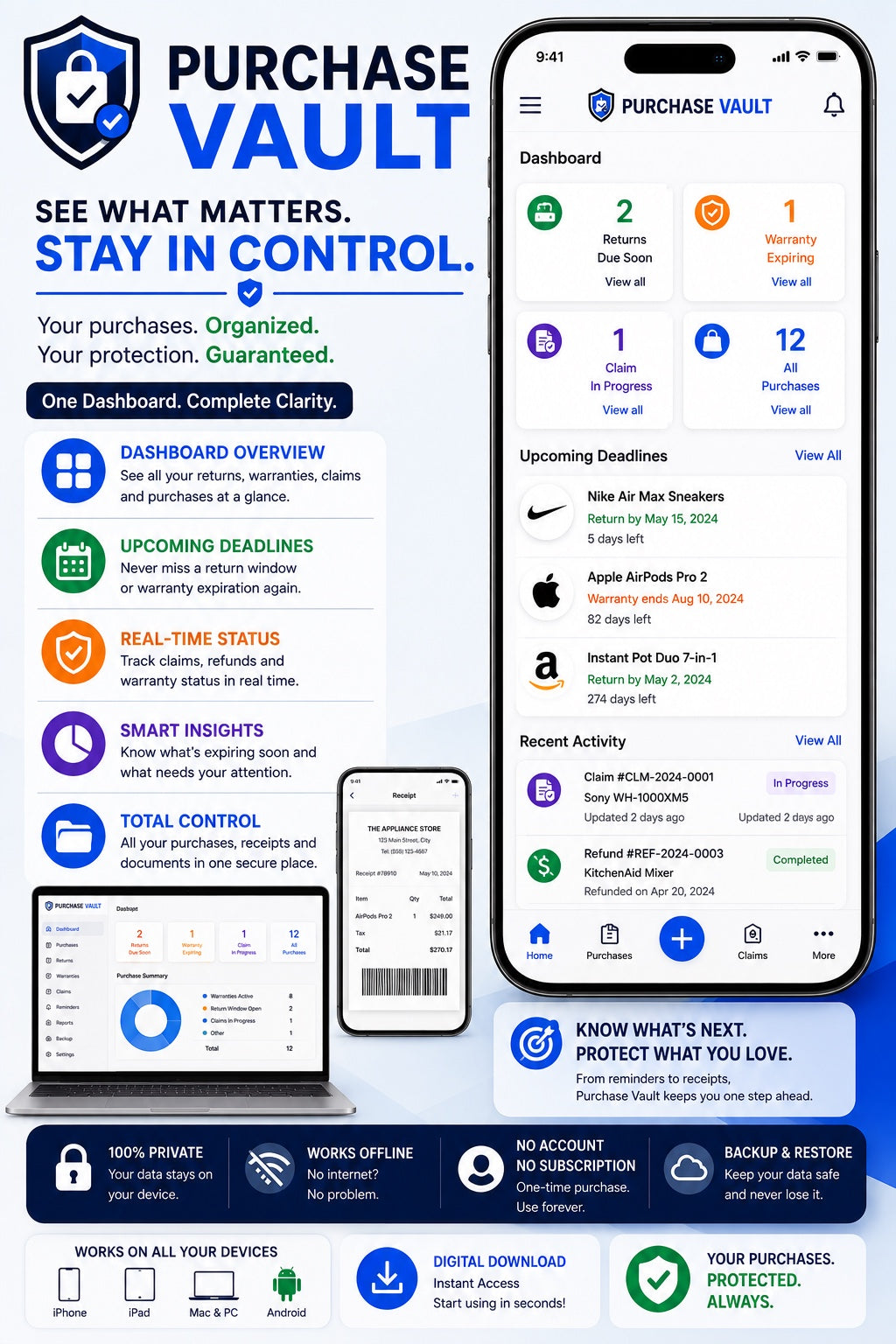 Purchase Vault dashboard showing returns, warranties, claims, purchases and deadlines