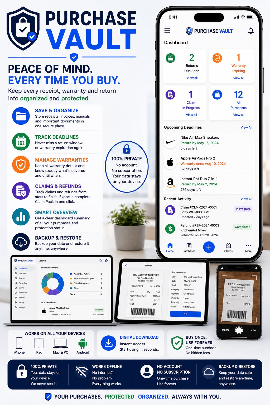Purchase Vault digital app for organizing receipts, returns, warranties and claims