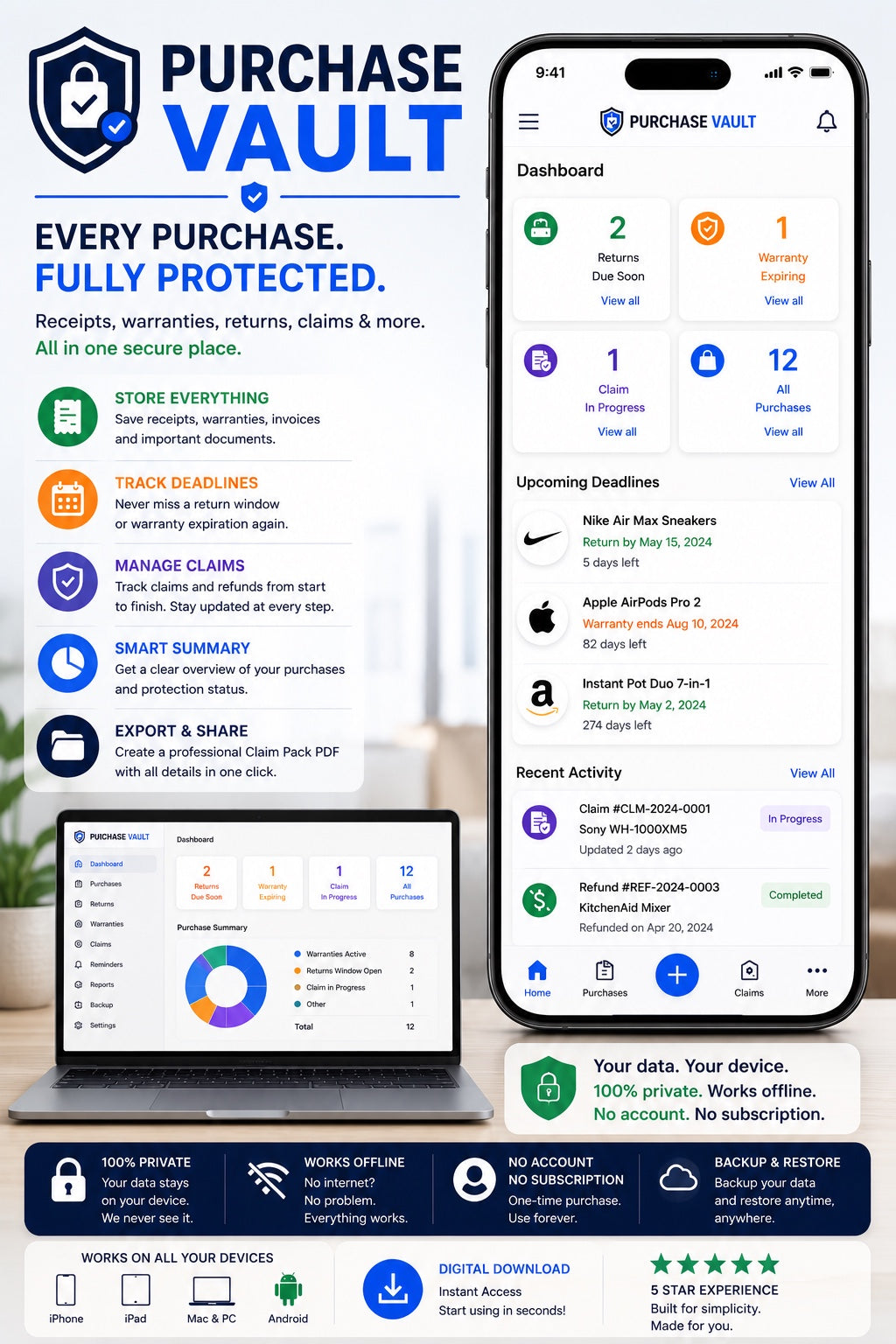Purchase Vault app for receipts, warranties, returns, claims and purchase protection