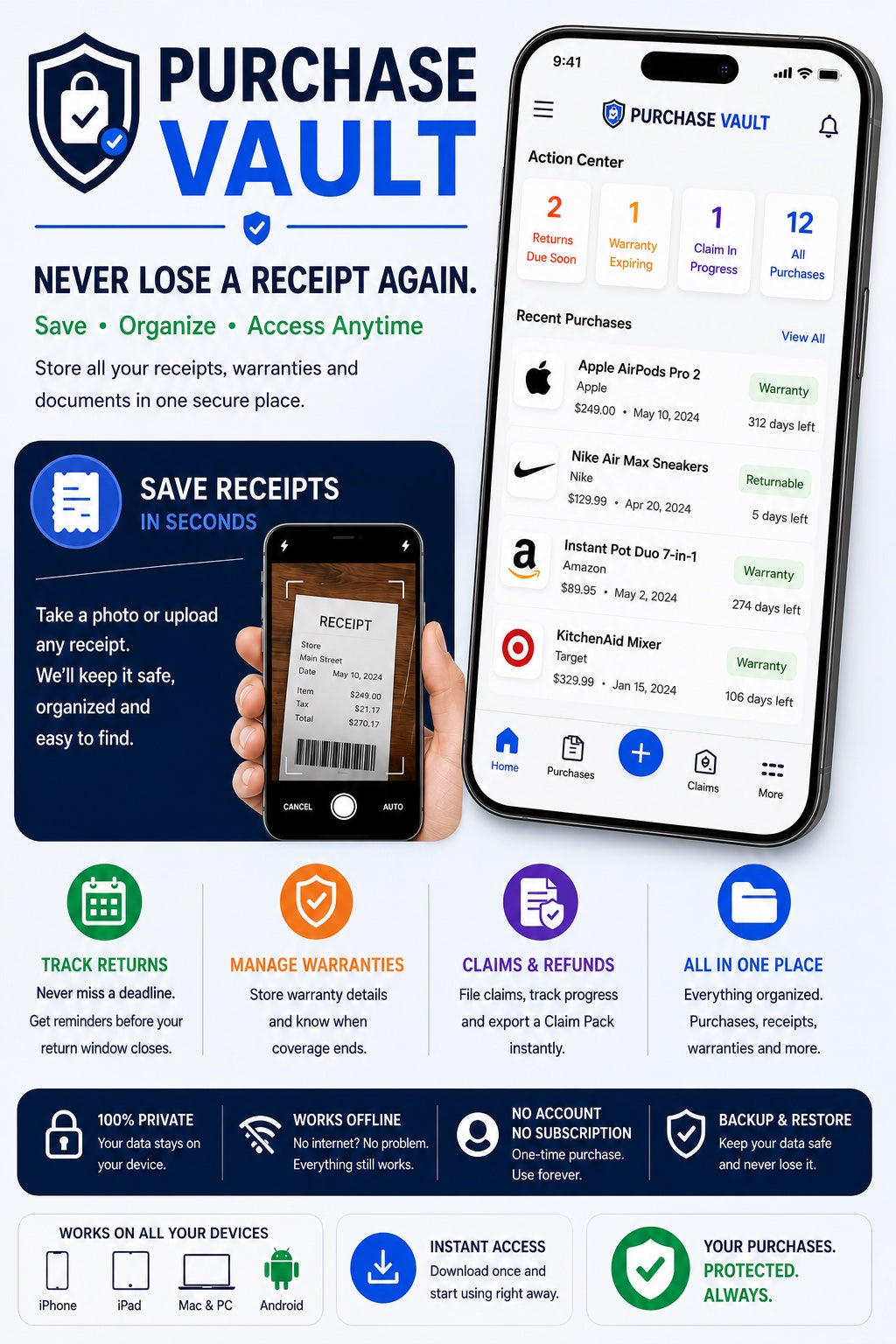 Purchase Vault digital app for organizing receipts, warranties, returns and claims